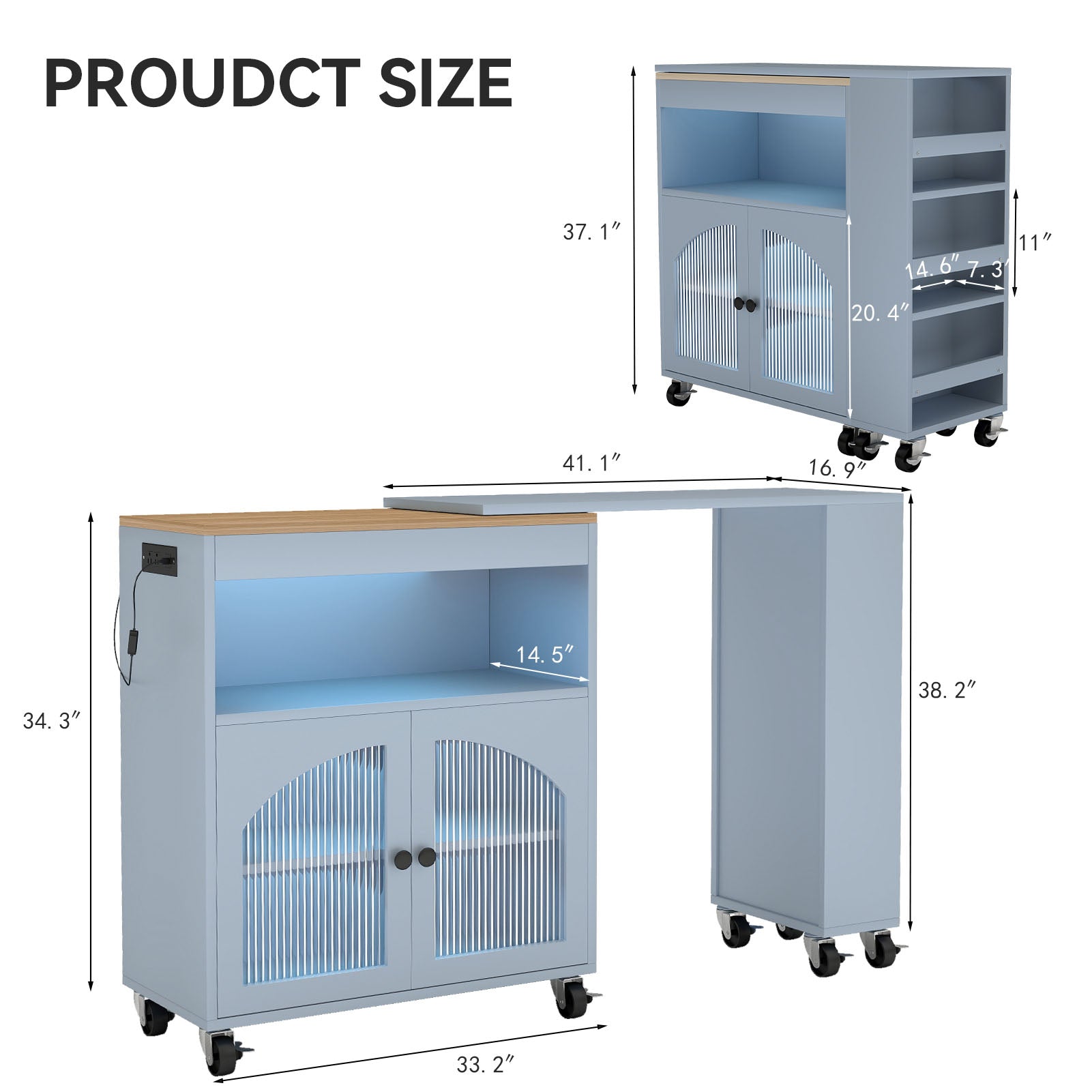 Kitchen Island On Wheels with Extended Table MDF Rolling Kitchen Storage Cart with LED Light Power Outlets 2 Fluted Glass Doors Side 3 Open Shelves Blue US Plug