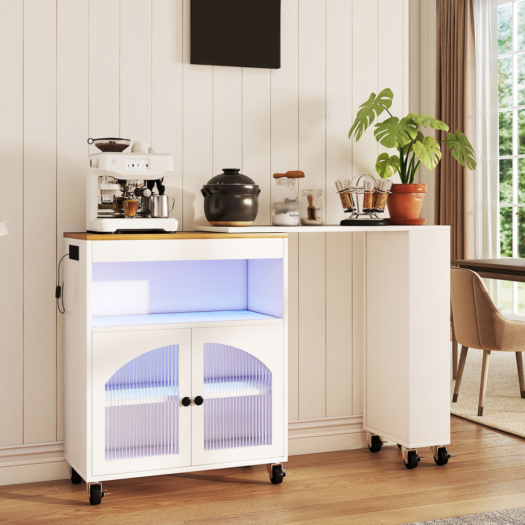 Kitchen Island On Wheels with Extended Table MDF Rolling Kitchen Storage Cart with LED Light Power Outlets 2 Fluted Glass Doors Side 3 Open Shelves White US Plug