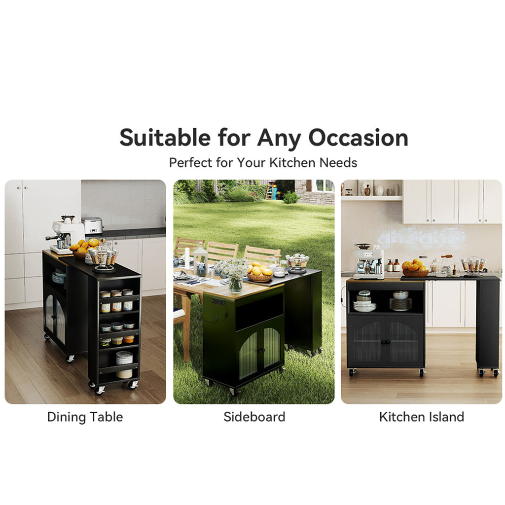 Kitchen Island On Wheels with Extended Table MDF Rolling Kitchen Storage Cart with LED Light Power Outlets 2 Fluted Glass Doors Side 3 Open Shelves Black US Plug
