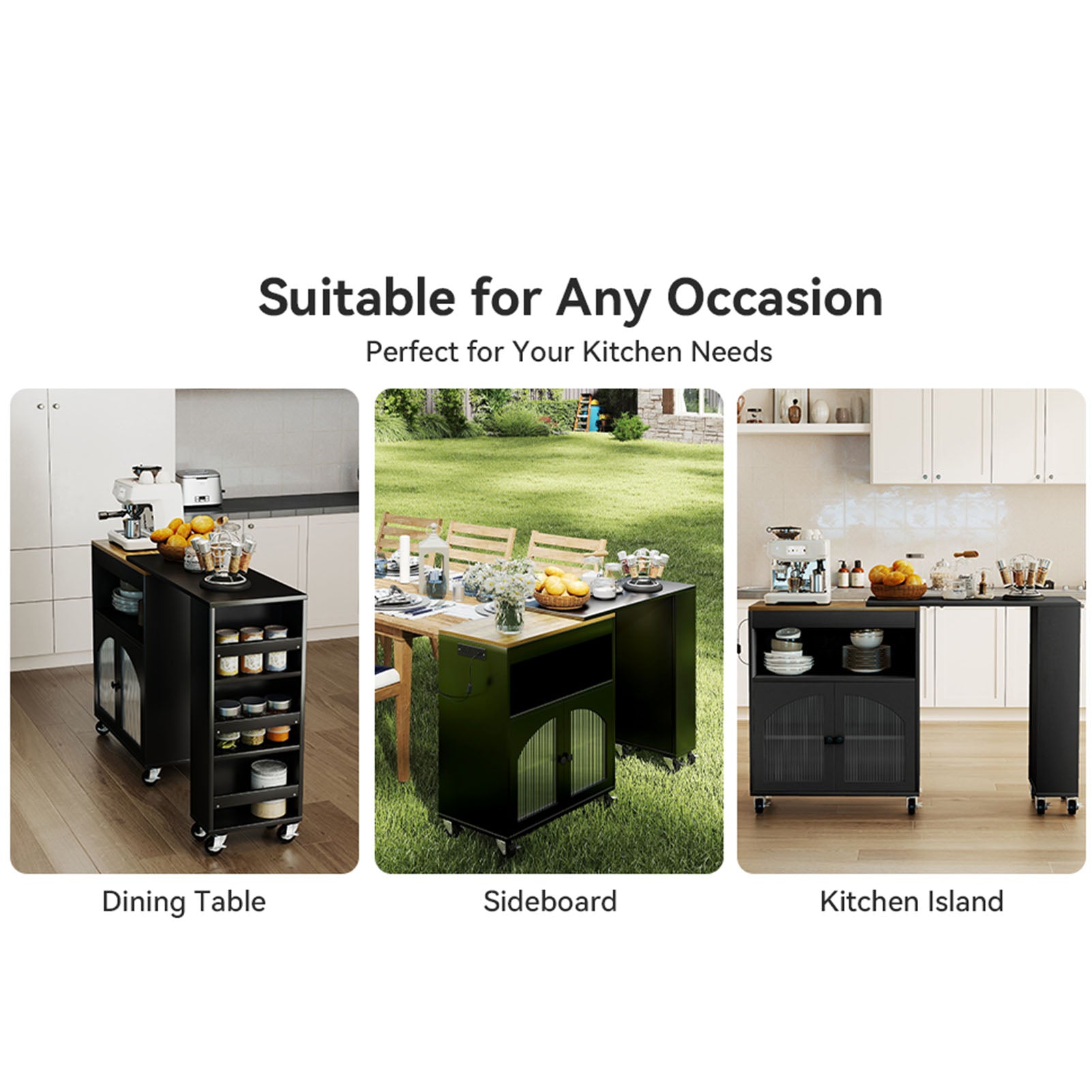 Kitchen Island On Wheels with Extended Table MDF Rolling Kitchen Storage Cart with LED Light Power Outlets 2 Fluted Glass Doors Side 3 Open Shelves Black US Plug