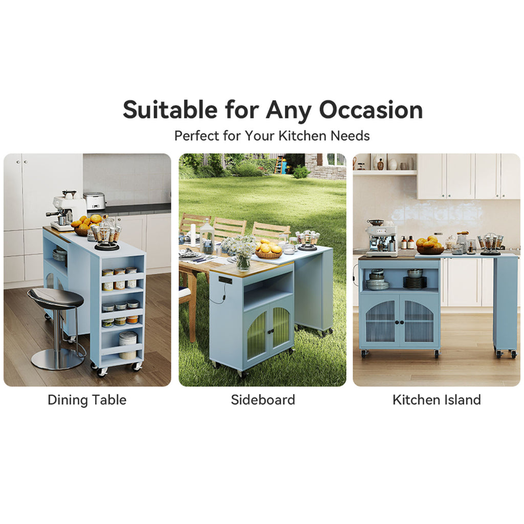 Kitchen Island On Wheels with Extended Table MDF Rolling Kitchen Storage Cart with LED Light Power Outlets 2 Fluted Glass Doors Side 3 Open Shelves Blue US Plug