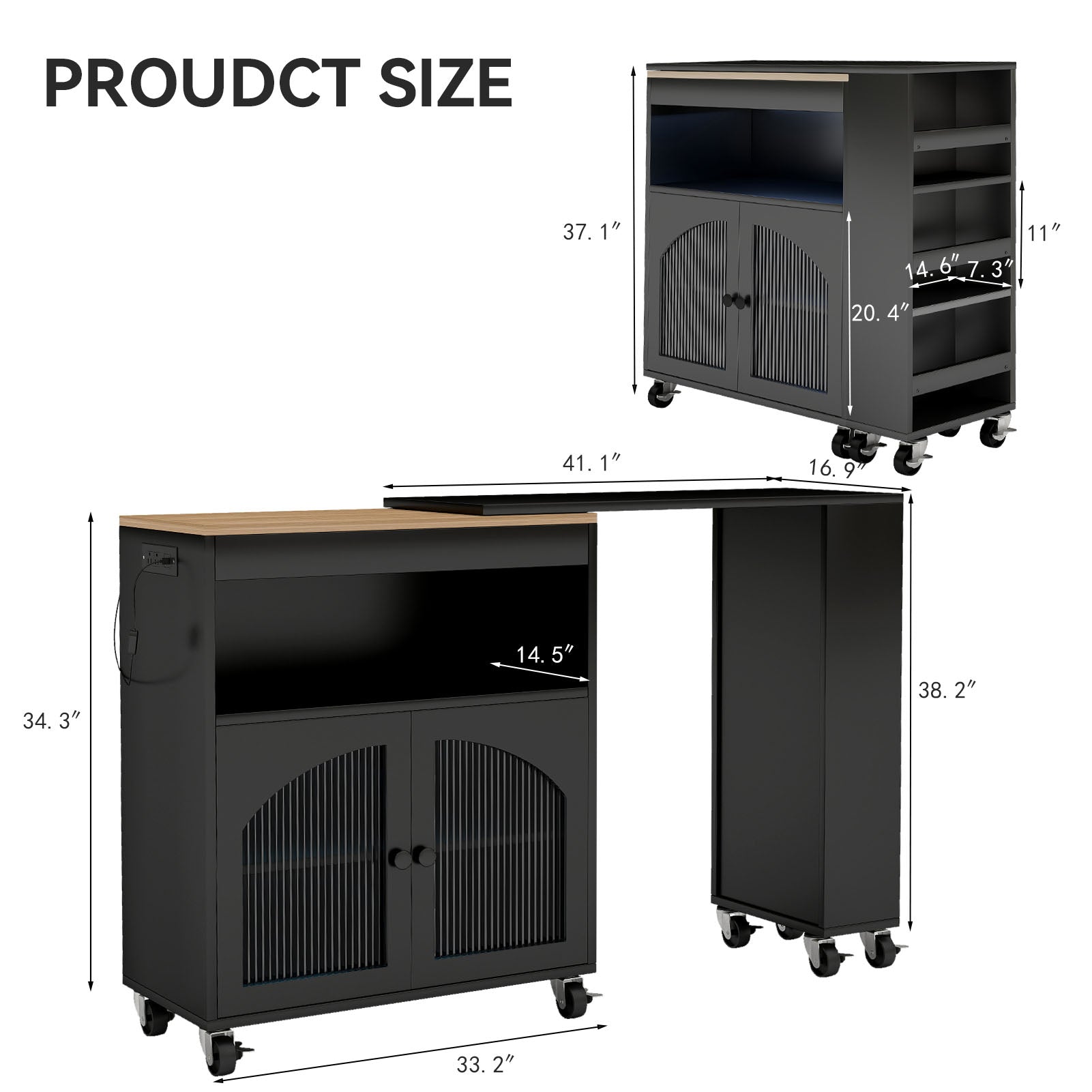 Kitchen Island On Wheels with Extended Table MDF Rolling Kitchen Storage Cart with LED Light Power Outlets 2 Fluted Glass Doors Side 3 Open Shelves Black US Plug