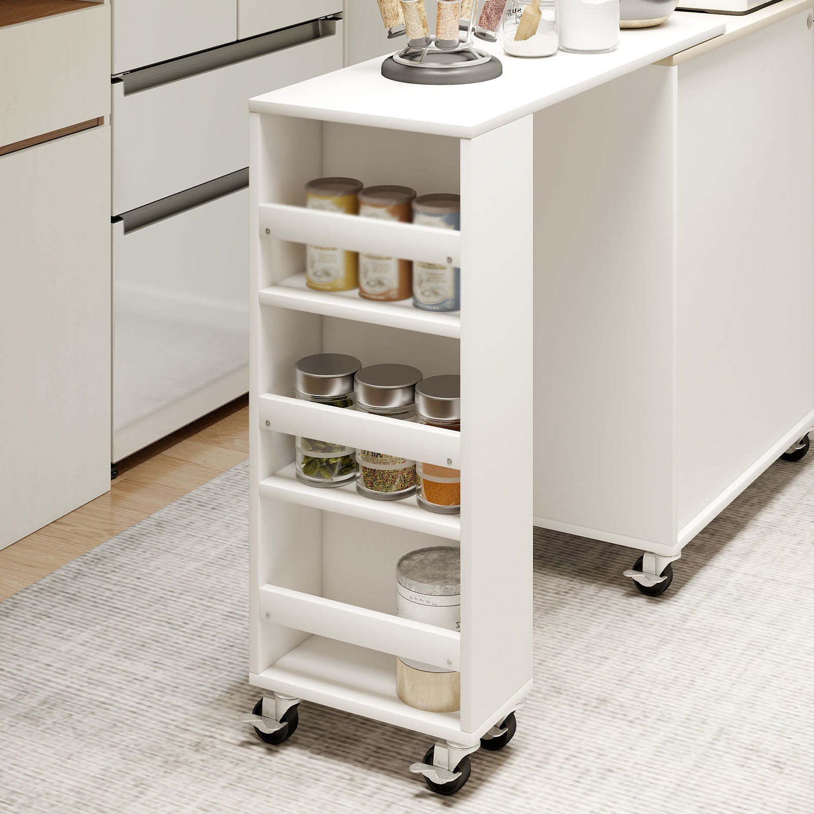 Kitchen Island On Wheels with Extended Table MDF Rolling Kitchen Storage Cart with LED Light Power Outlets 2 Fluted Glass Doors Side 3 Open Shelves White US Plug