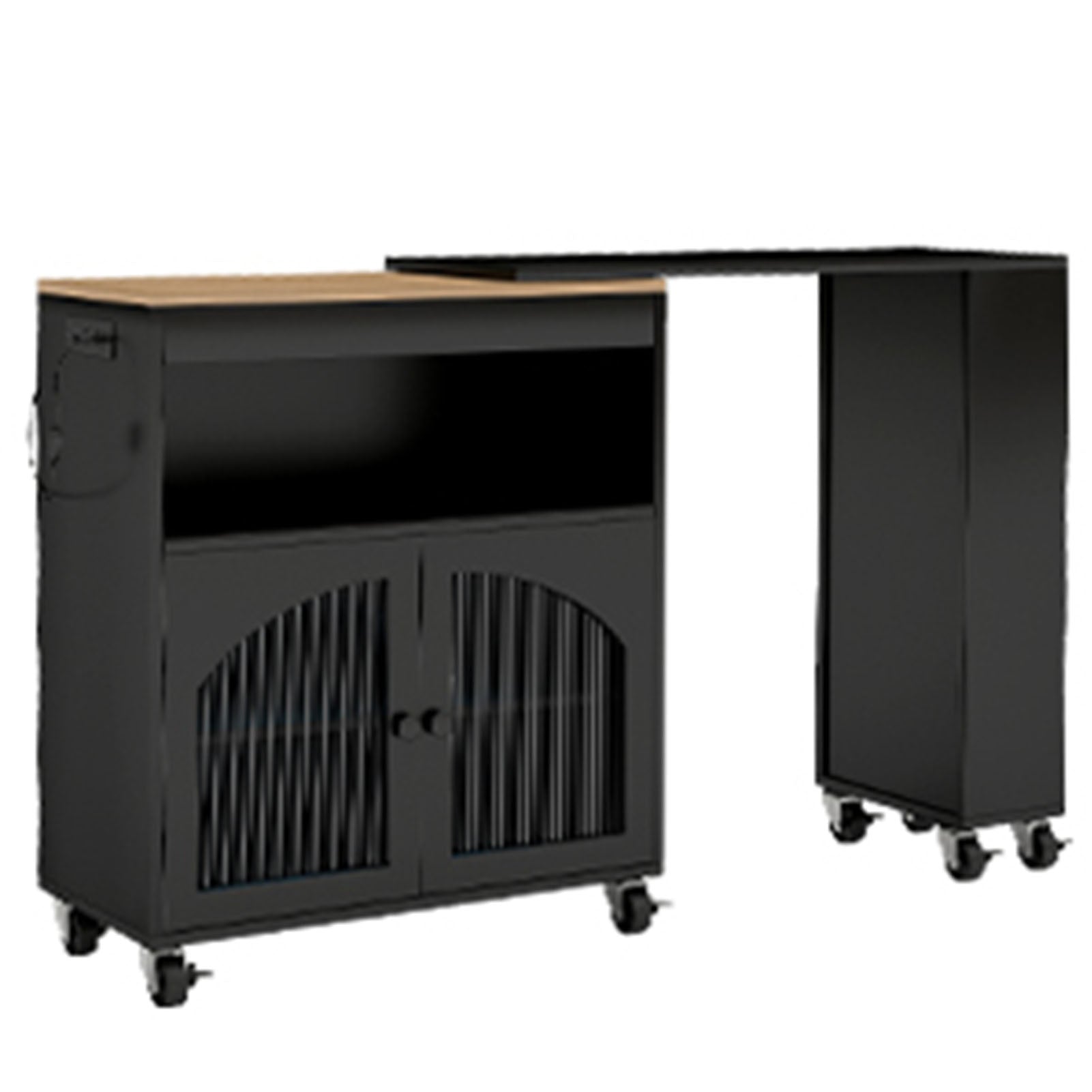 Kitchen Island On Wheels with Extended Table MDF Rolling Kitchen Storage Cart with LED Light Power Outlets 2 Fluted Glass Doors Side 3 Open Shelves Black US Plug