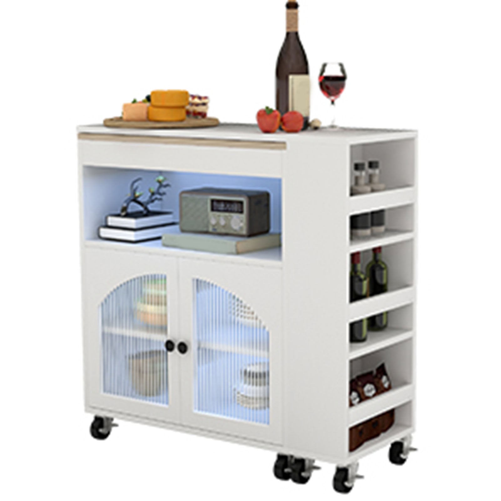 Kitchen Island On Wheels with Extended Table MDF Rolling Kitchen Storage Cart with LED Light Power Outlets 2 Fluted Glass Doors Side 3 Open Shelves White US Plug