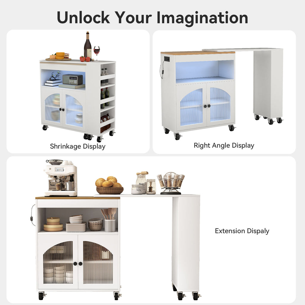 Kitchen Island On Wheels with Extended Table MDF Rolling Kitchen Storage Cart with LED Light Power Outlets 2 Fluted Glass Doors Side 3 Open Shelves White US Plug