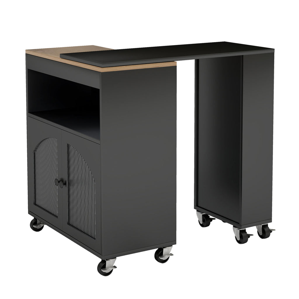 Kitchen Island On Wheels with Extended Table MDF Rolling Kitchen Storage Cart with LED Light Power Outlets 2 Fluted Glass Doors Side 3 Open Shelves Black US Plug