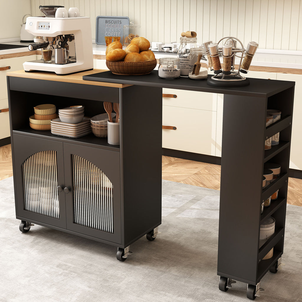 Kitchen Island On Wheels with Extended Table MDF Rolling Kitchen Storage Cart with LED Light Power Outlets 2 Fluted Glass Doors Side 3 Open Shelves Black US Plug