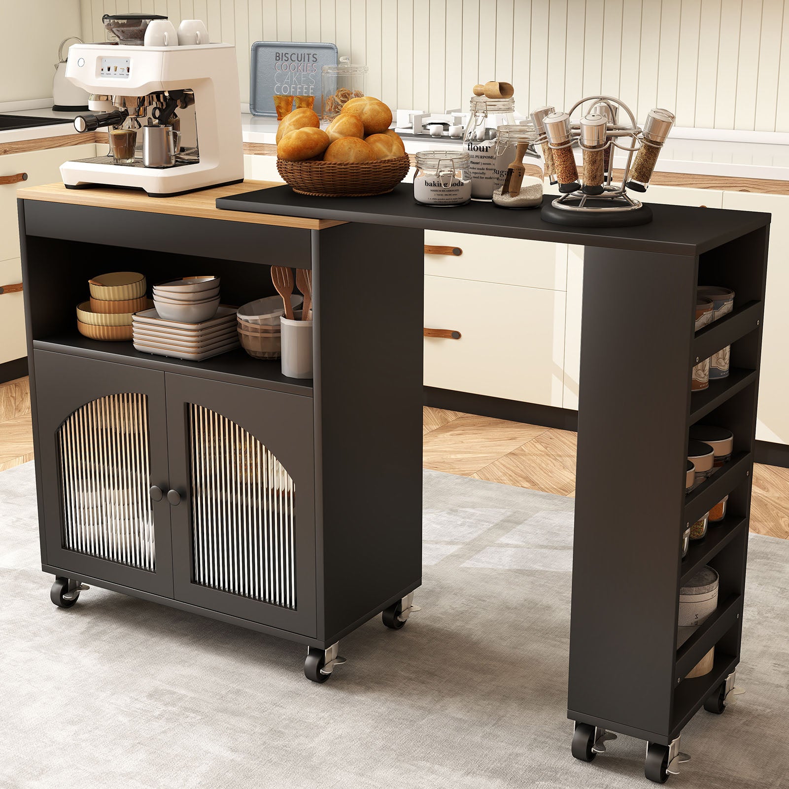 Kitchen Island On Wheels with Extended Table MDF Rolling Kitchen Storage Cart with LED Light Power Outlets 2 Fluted Glass Doors Side 3 Open Shelves Black US Plug