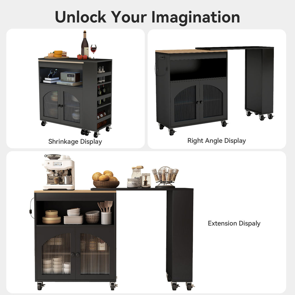 Kitchen Island On Wheels with Extended Table MDF Rolling Kitchen Storage Cart with LED Light Power Outlets 2 Fluted Glass Doors Side 3 Open Shelves Black US Plug