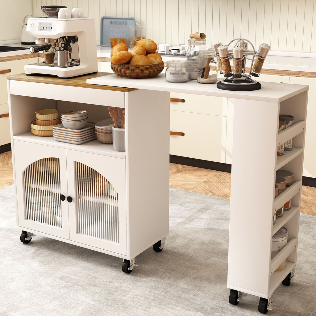 Kitchen Island On Wheels with Extended Table MDF Rolling Kitchen Storage Cart with LED Light Power Outlets 2 Fluted Glass Doors Side 3 Open Shelves White US Plug
