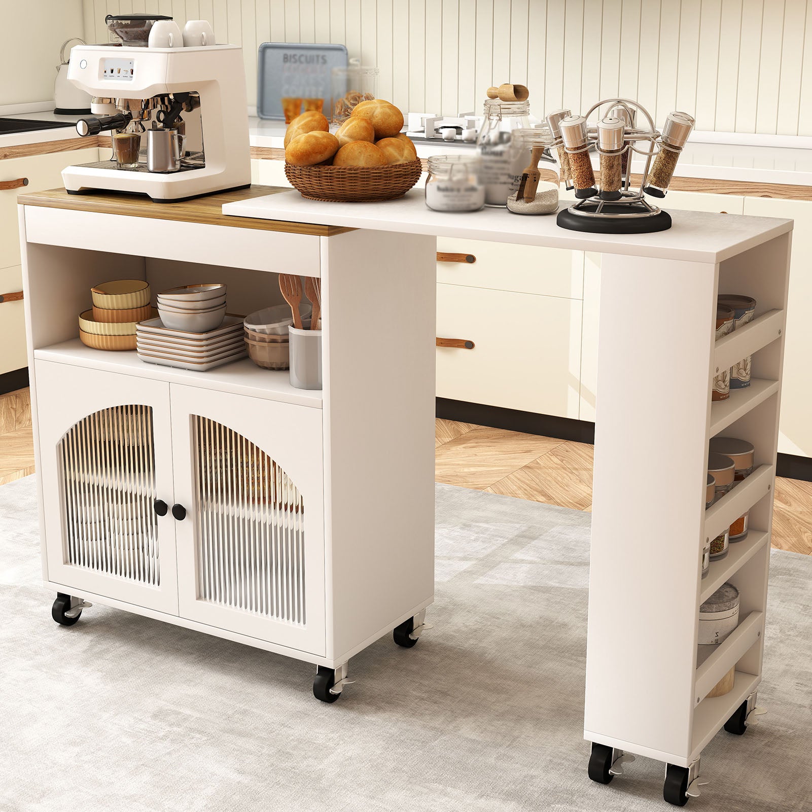 Kitchen Island On Wheels with Extended Table MDF Rolling Kitchen Storage Cart with LED Light Power Outlets 2 Fluted Glass Doors Side 3 Open Shelves White US Plug