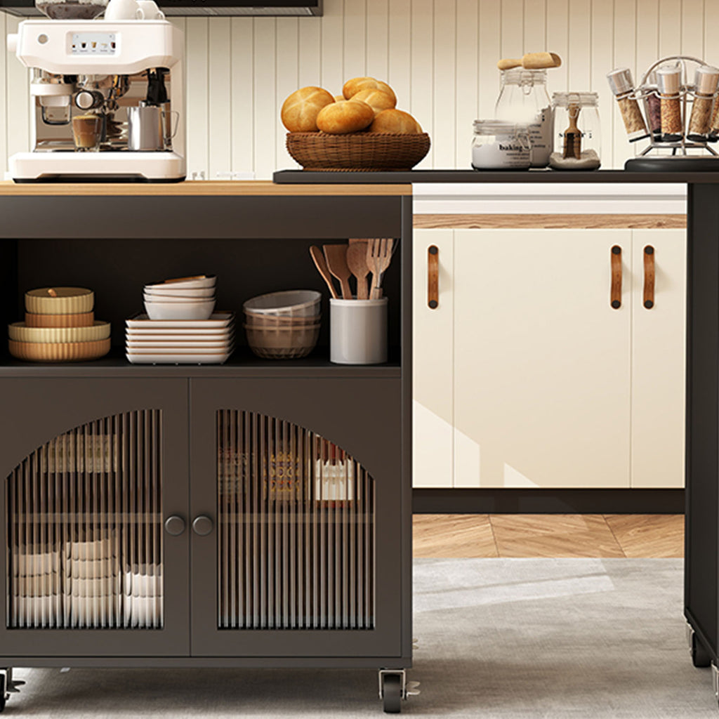 Kitchen Island On Wheels with Extended Table MDF Rolling Kitchen Storage Cart with LED Light Power Outlets 2 Fluted Glass Doors Side 3 Open Shelves Black US Plug