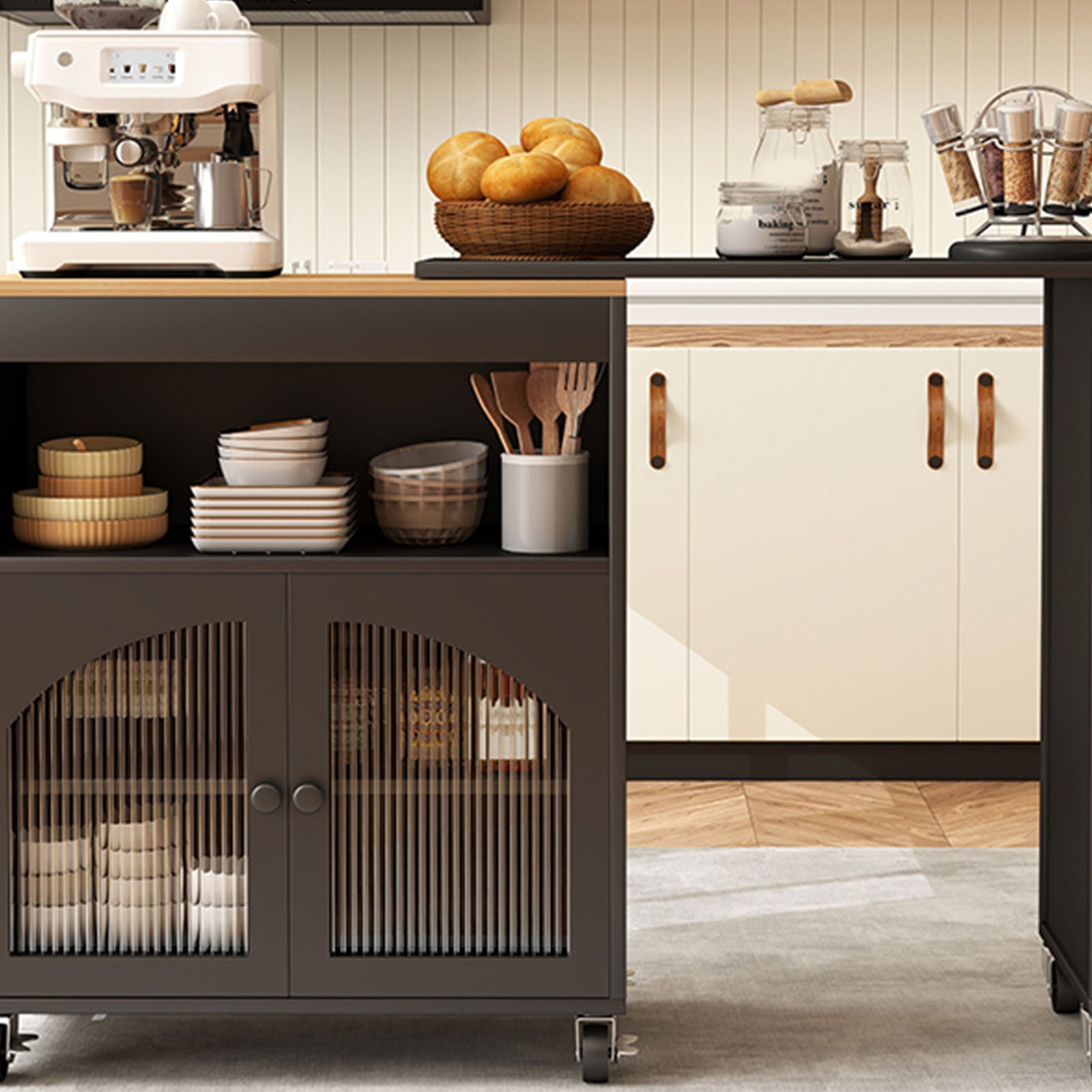 Kitchen Island On Wheels with Extended Table MDF Rolling Kitchen Storage Cart with LED Light Power Outlets 2 Fluted Glass Doors Side 3 Open Shelves Black US Plug