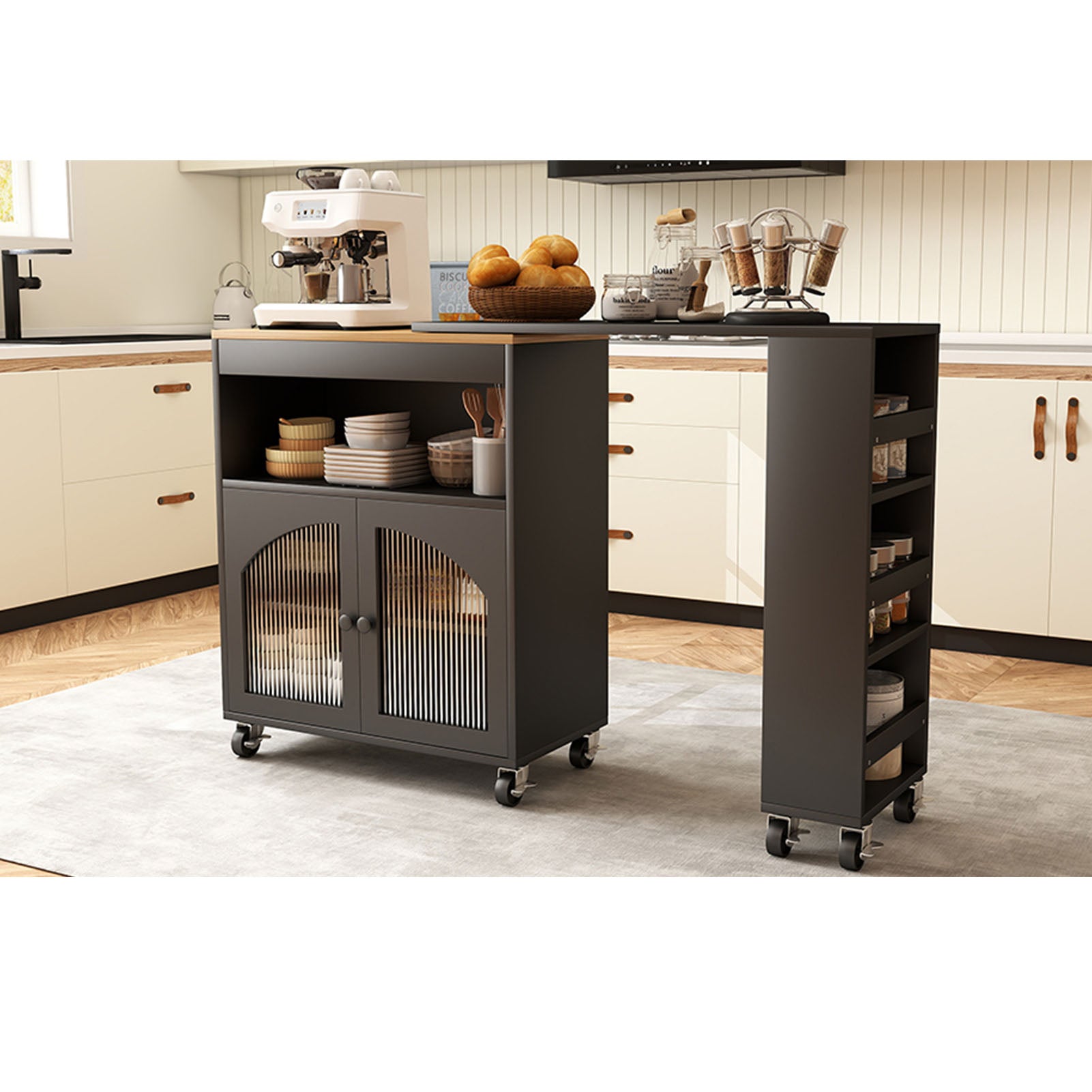 Kitchen Island On Wheels with Extended Table MDF Rolling Kitchen Storage Cart with LED Light Power Outlets 2 Fluted Glass Doors Side 3 Open Shelves Black US Plug