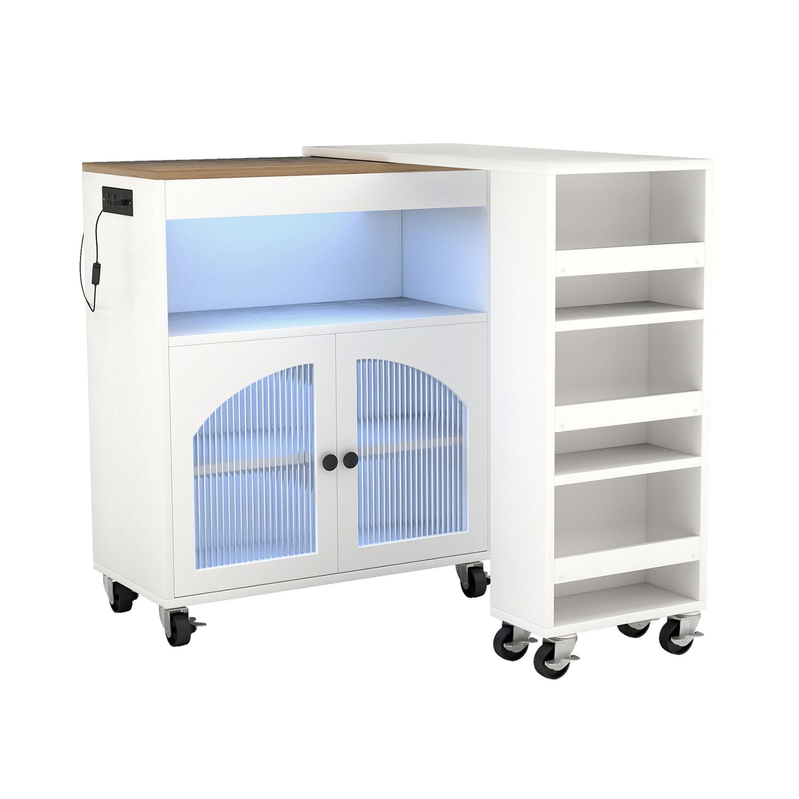 Kitchen Island On Wheels with Extended Table MDF Rolling Kitchen Storage Cart with LED Light Power Outlets 2 Fluted Glass Doors Side 3 Open Shelves White US Plug