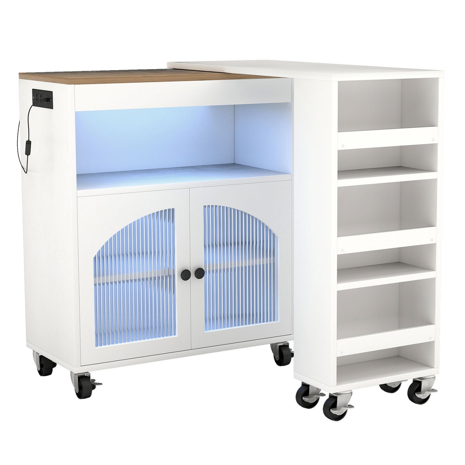 Kitchen Island On Wheels with Extended Table MDF Rolling Kitchen Storage Cart with LED Light Power Outlets 2 Fluted Glass Doors Side 3 Open Shelves White US Plug