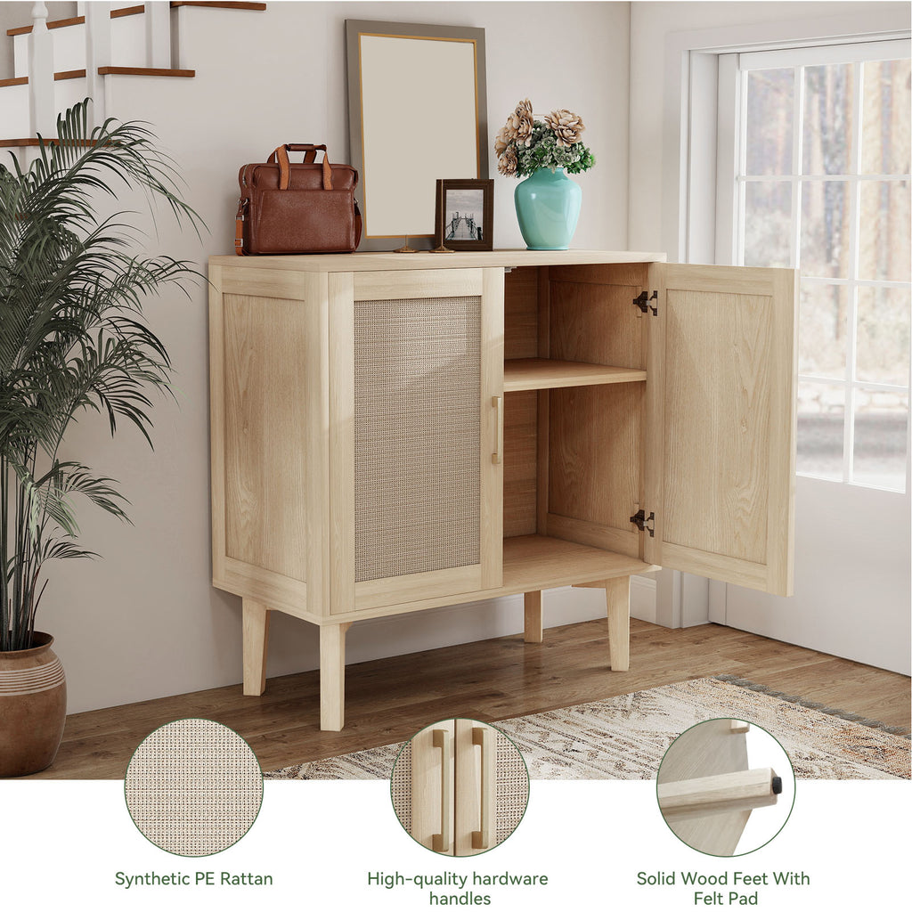 Buffet Cabinet with Rattan Decor Doors Solid Wood Feet Multifunctional Sideboard Cabinet for Dining Room Kitchen