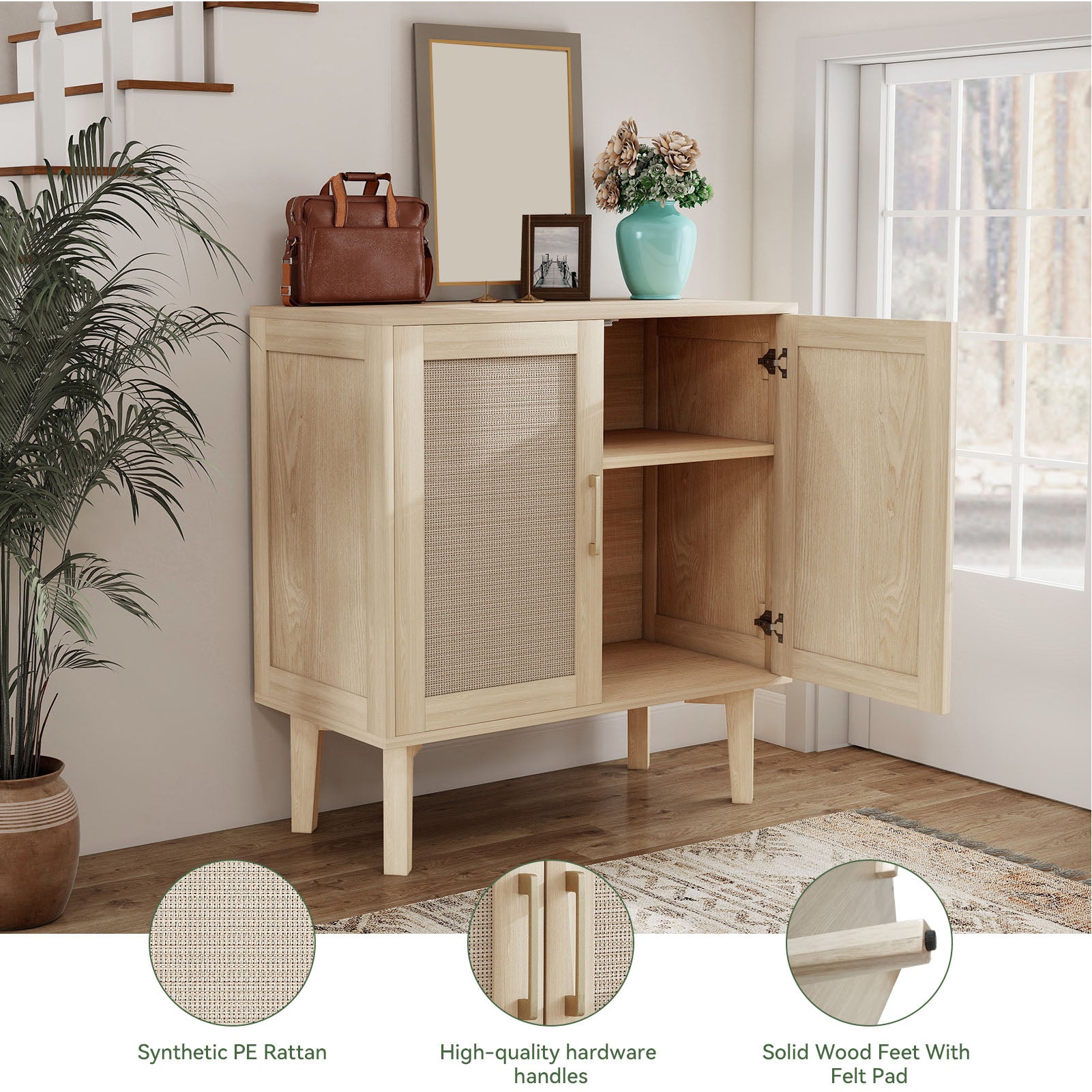 Buffet Cabinet with Rattan Decor Doors Solid Wood Feet Multifunctional Sideboard Cabinet for Dining Room Kitchen