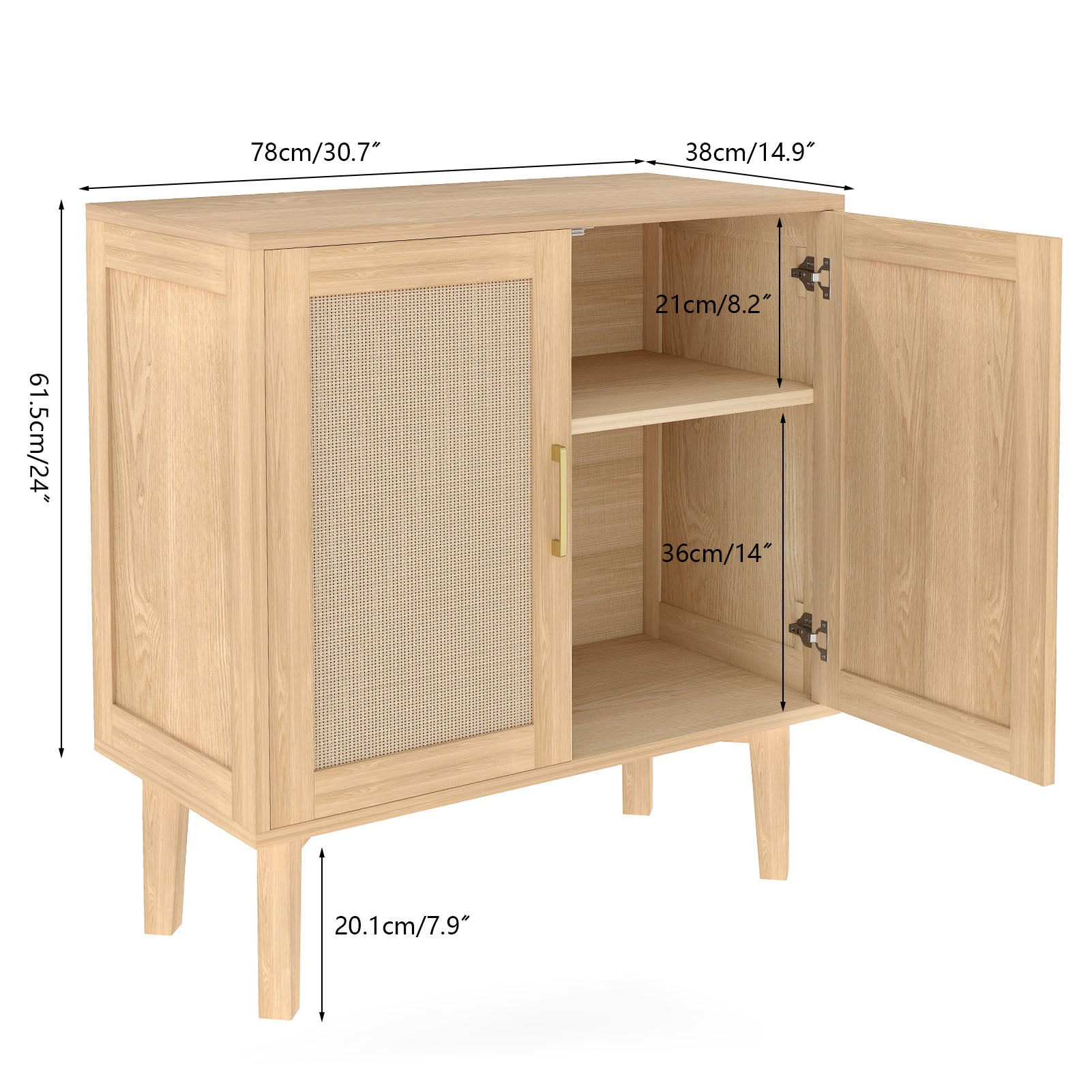 Buffet Cabinet with Rattan Decor Doors Solid Wood Feet Multifunctional Sideboard Cabinet for Dining Room Kitchen