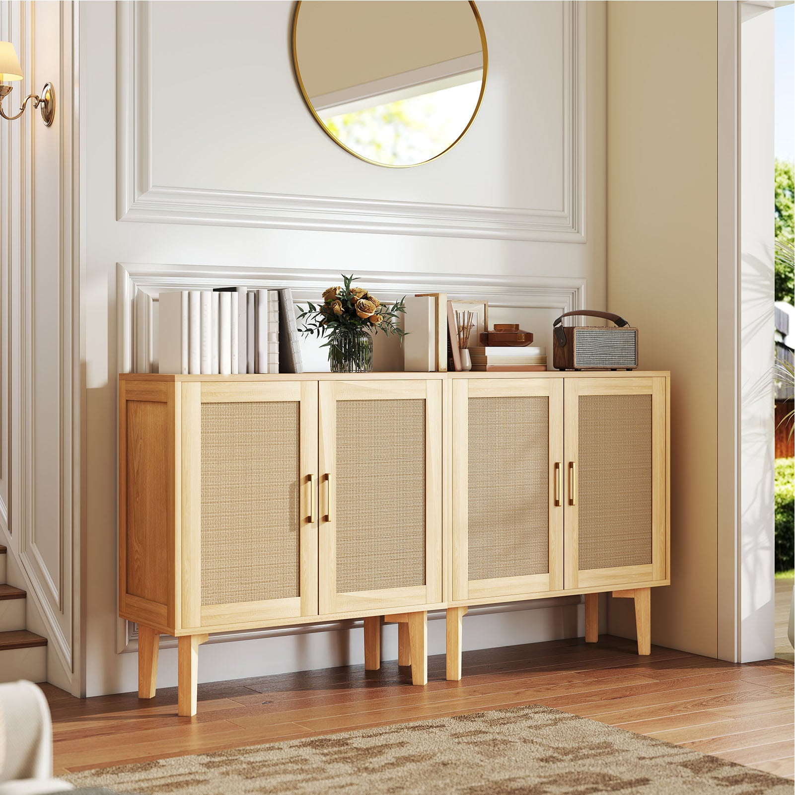 Buffet Cabinet with Rattan Decor Doors Solid Wood Feet Multifunctional Sideboard Cabinet for Dining Room Kitchen