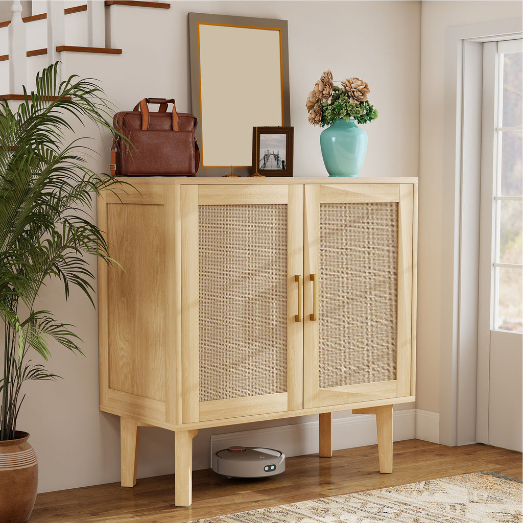 Buffet Cabinet with Rattan Decor Doors Solid Wood Feet Multifunctional Sideboard Cabinet for Dining Room Kitchen