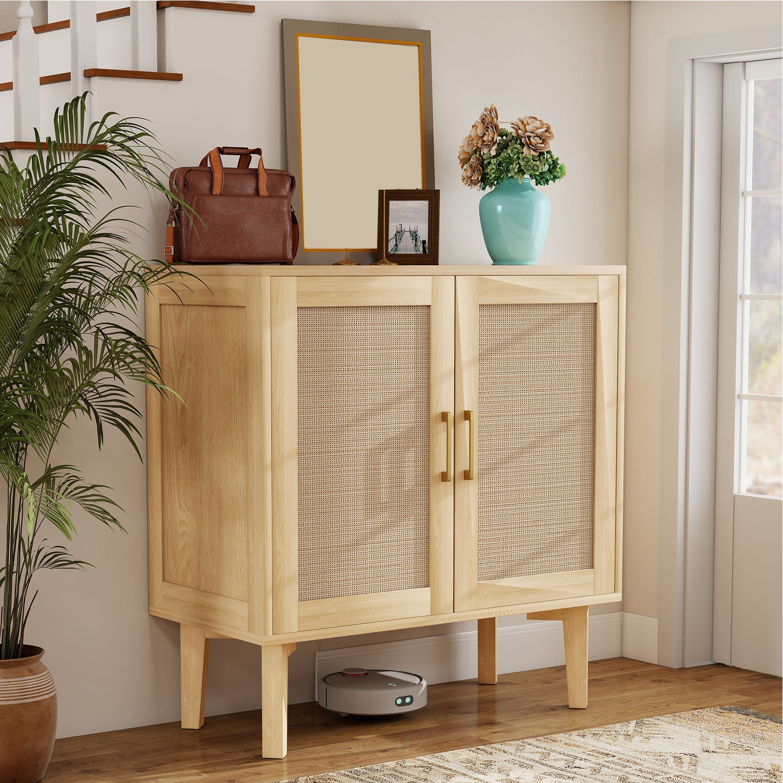 Buffet Cabinet with Rattan Decor Doors Solid Wood Feet Multifunctional Sideboard Cabinet for Dining Room Kitchen