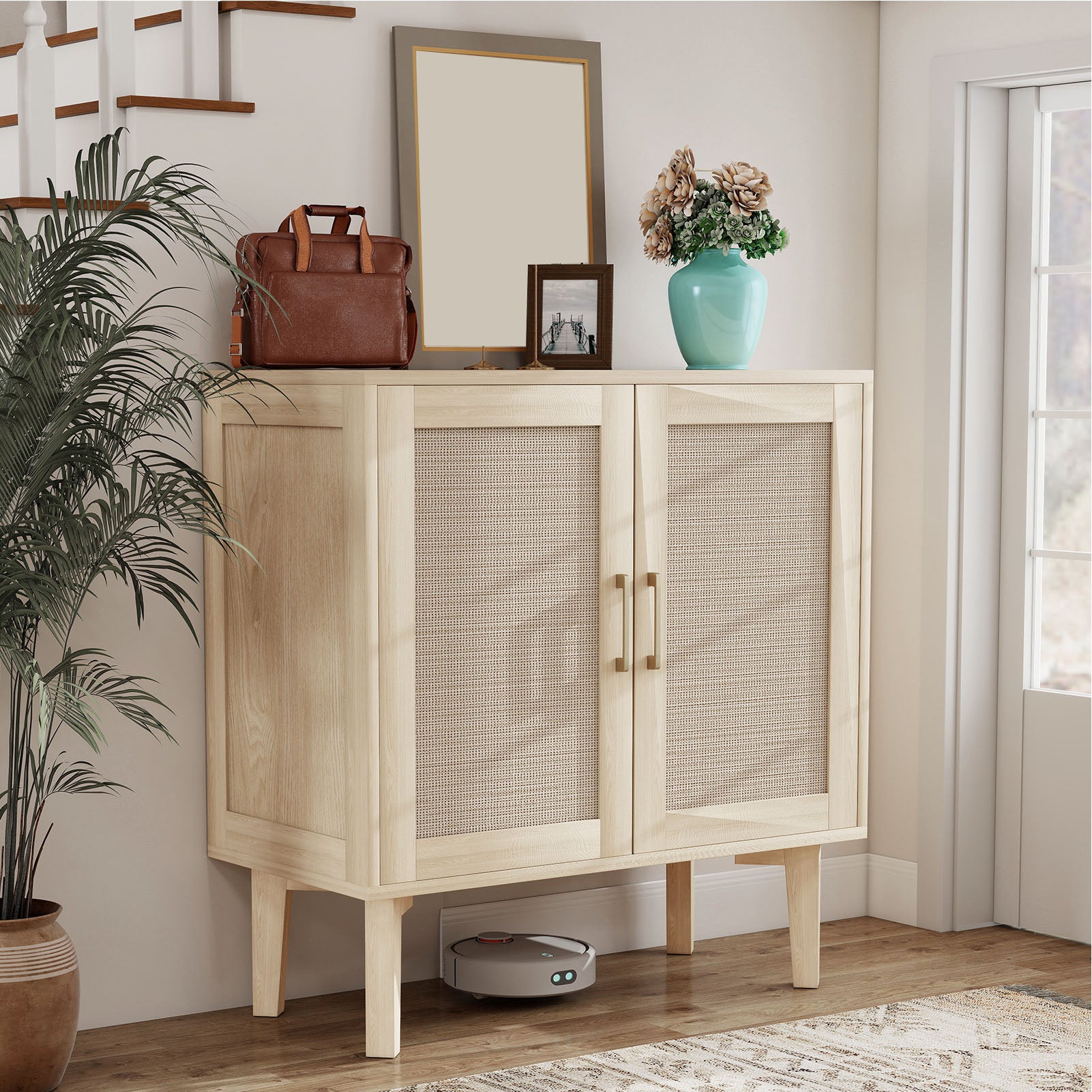 Buffet Cabinet with Rattan Decor Doors Solid Wood Feet Multifunctional Sideboard Cabinet for Dining Room Kitchen