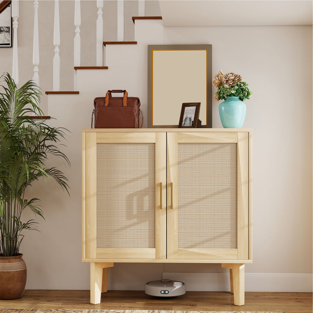 Buffet Cabinet with Rattan Decor Doors Solid Wood Feet Multifunctional Sideboard Cabinet for Dining Room Kitchen