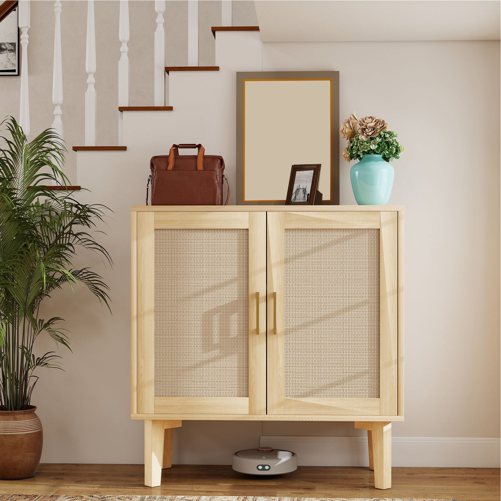 Buffet Cabinet with Rattan Decor Doors Solid Wood Feet Multifunctional Sideboard Cabinet for Dining Room Kitchen