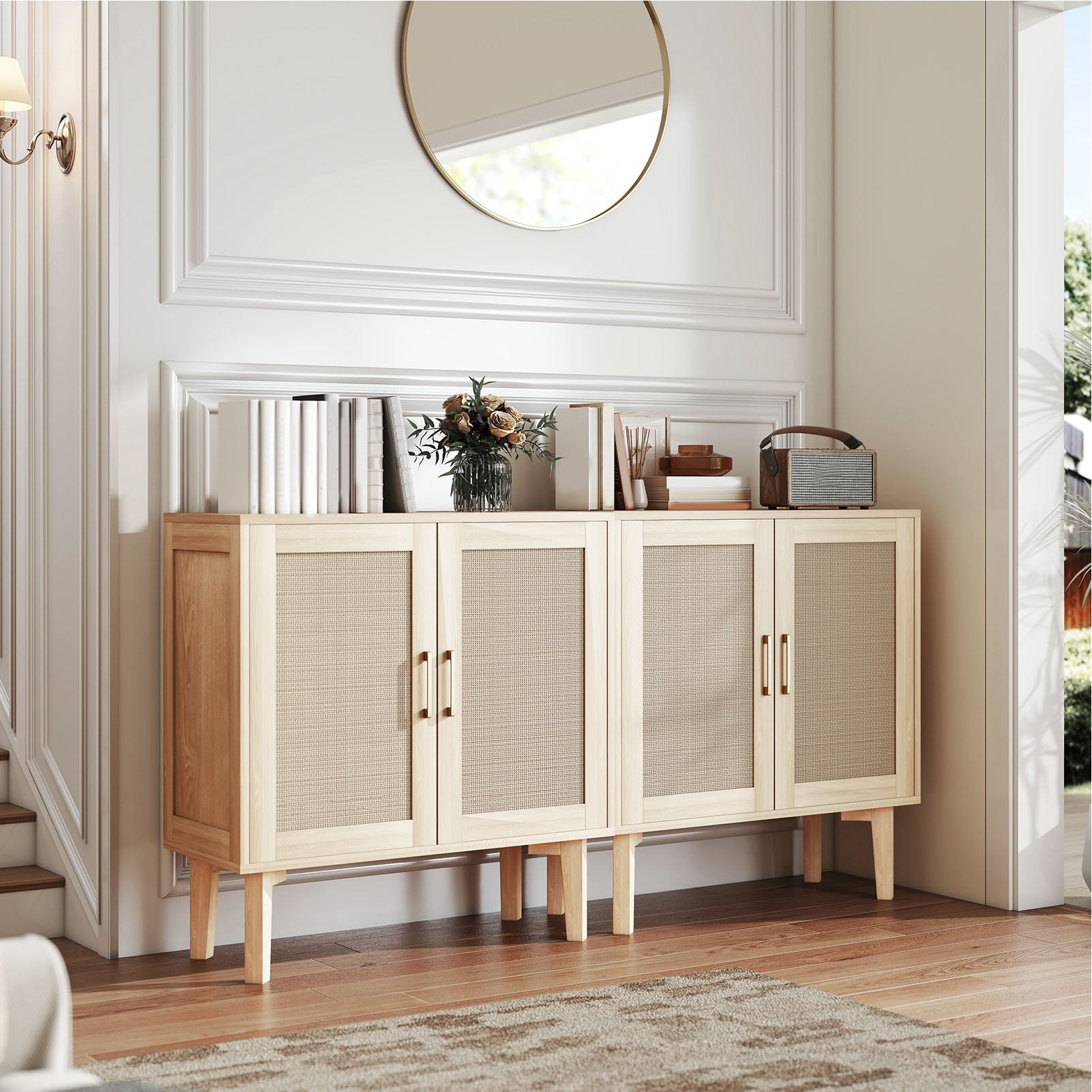 Buffet Cabinet with Rattan Decor Doors Solid Wood Feet Multifunctional Sideboard Cabinet for Dining Room Kitchen