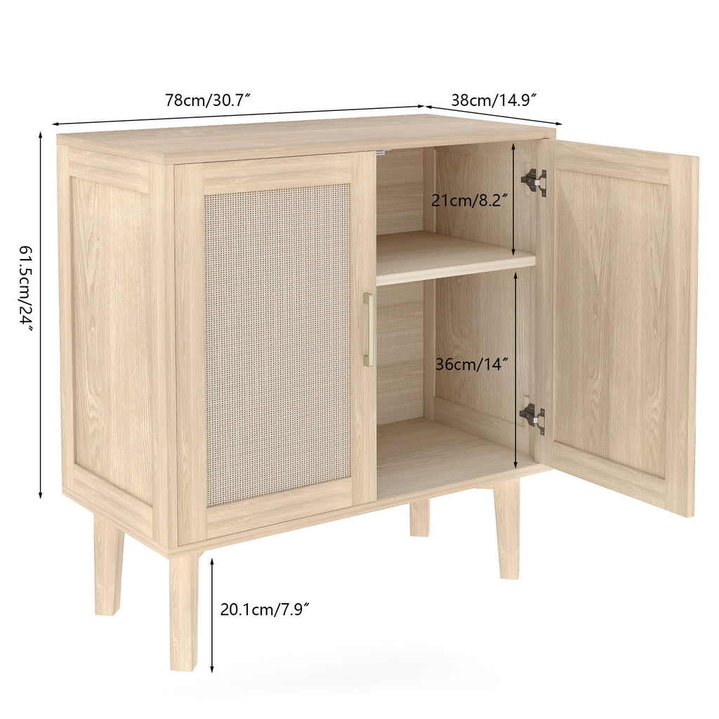Buffet Cabinet with Rattan Decor Doors Solid Wood Feet Multifunctional Sideboard Cabinet for Dining Room Kitchen