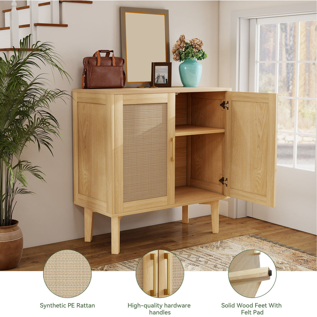 Buffet Cabinet with Rattan Decor Doors Solid Wood Feet Multifunctional Sideboard Cabinet for Dining Room Kitchen