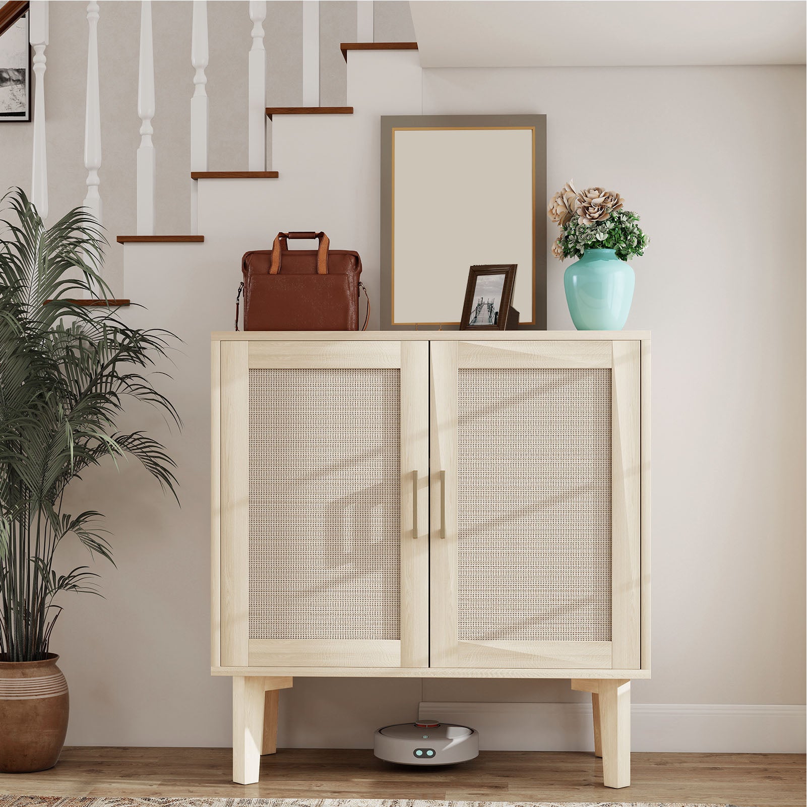 Buffet Cabinet with Rattan Decor Doors Solid Wood Feet Multifunctional Sideboard Cabinet for Dining Room Kitchen