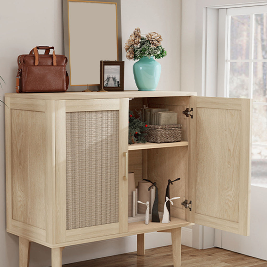 Buffet Cabinet with Rattan Decor Doors Solid Wood Feet Multifunctional Sideboard Cabinet for Dining Room Kitchen
