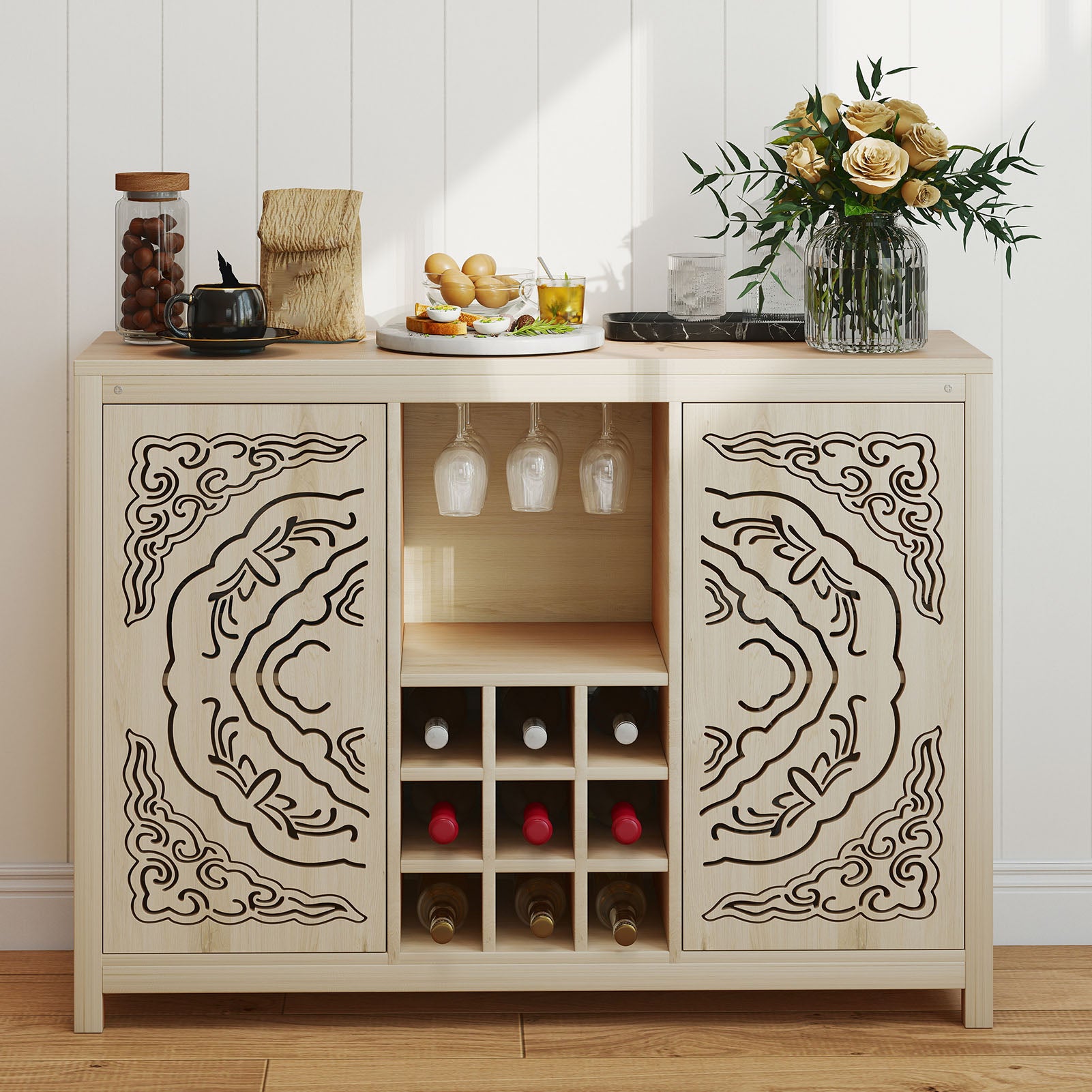 Wine Bar Cabinet with 2 Doors MDF Buffet Storage Liquor Cabinet with Wine Rack and Glass Holder for Living Dining Room Kitchen Wood Color