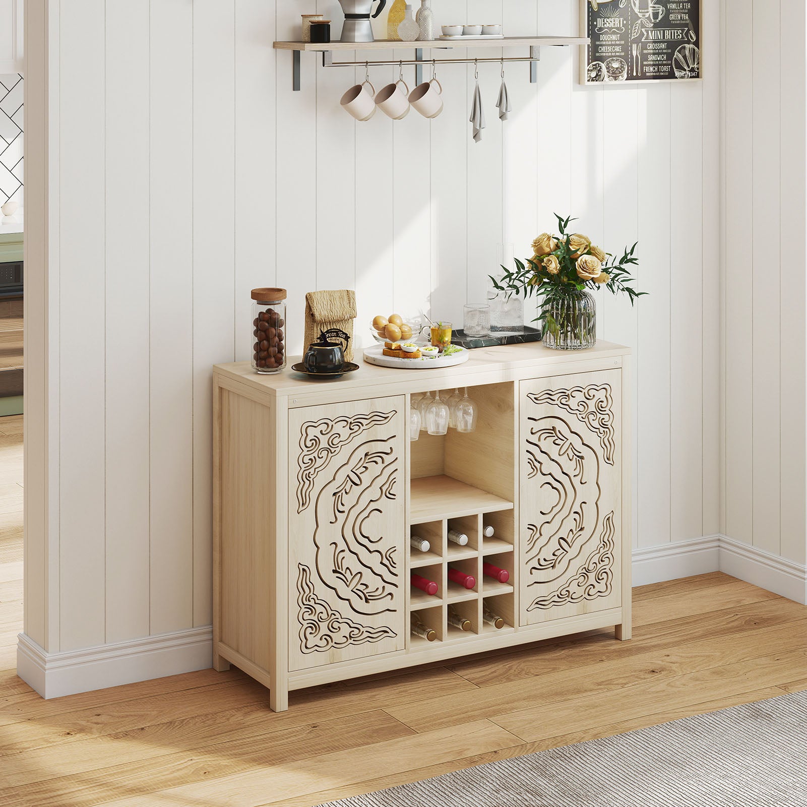 Wine Bar Cabinet with 2 Doors MDF Buffet Storage Liquor Cabinet with Wine Rack and Glass Holder for Living Dining Room Kitchen Wood Color