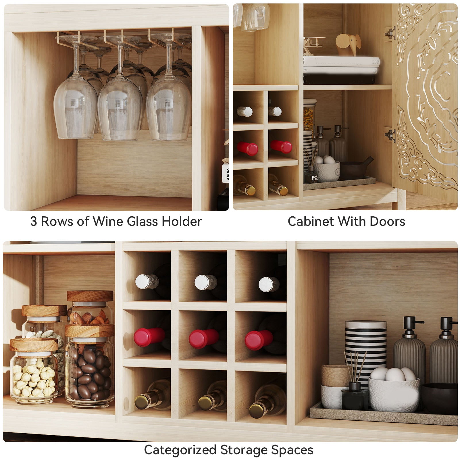 Wine Bar Cabinet with 2 Doors MDF Buffet Storage Liquor Cabinet with Wine Rack and Glass Holder for Living Dining Room Kitchen Wood Color