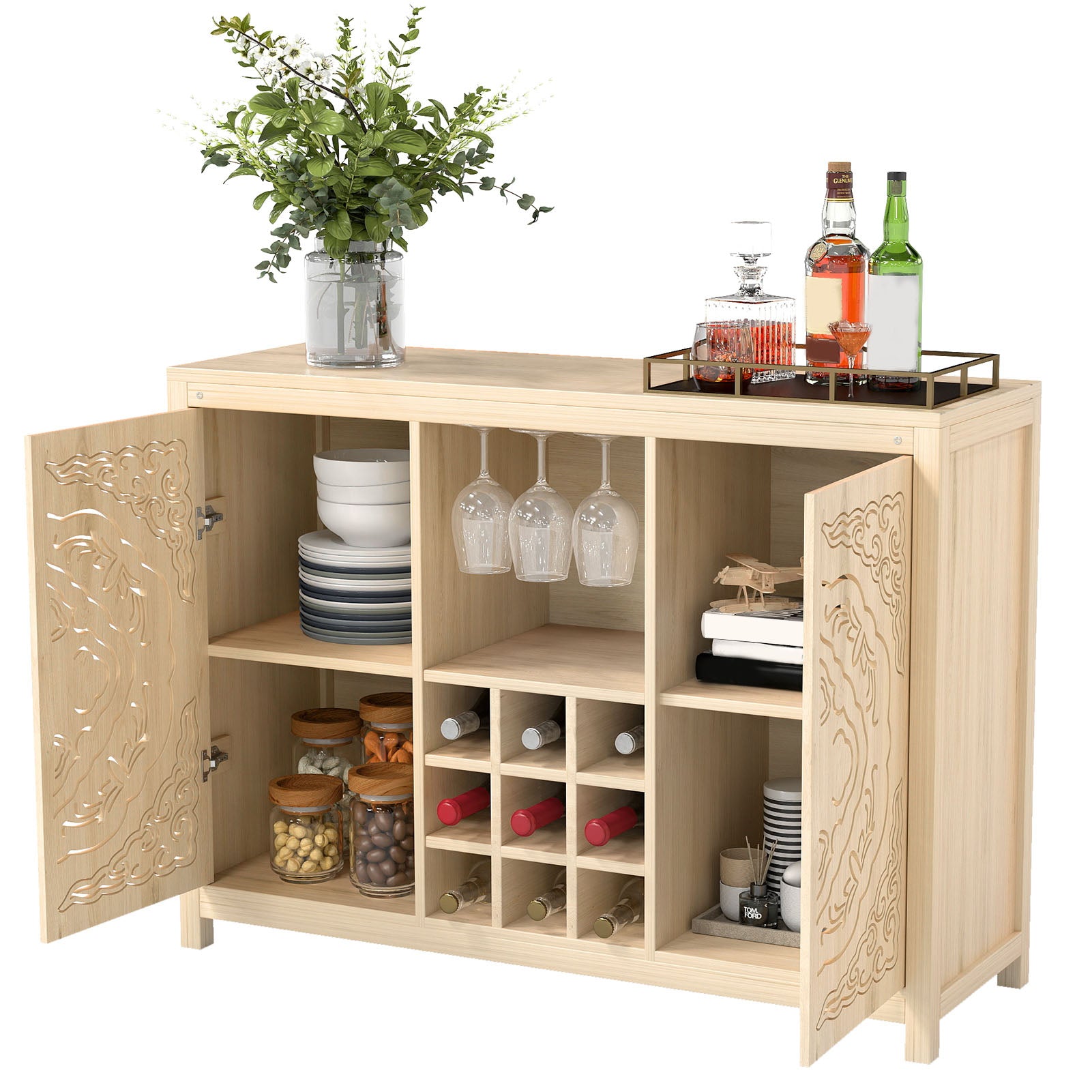 Wine Bar Cabinet with 2 Doors MDF Buffet Storage Liquor Cabinet with Wine Rack and Glass Holder for Living Dining Room Kitchen Wood Color