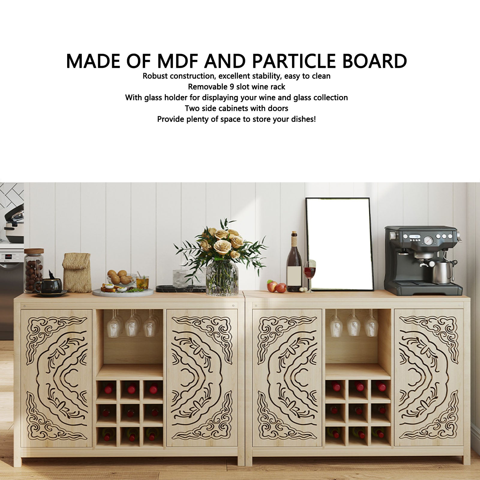 Wine Bar Cabinet with 2 Doors MDF Buffet Storage Liquor Cabinet with Wine Rack and Glass Holder for Living Dining Room Kitchen Wood Color