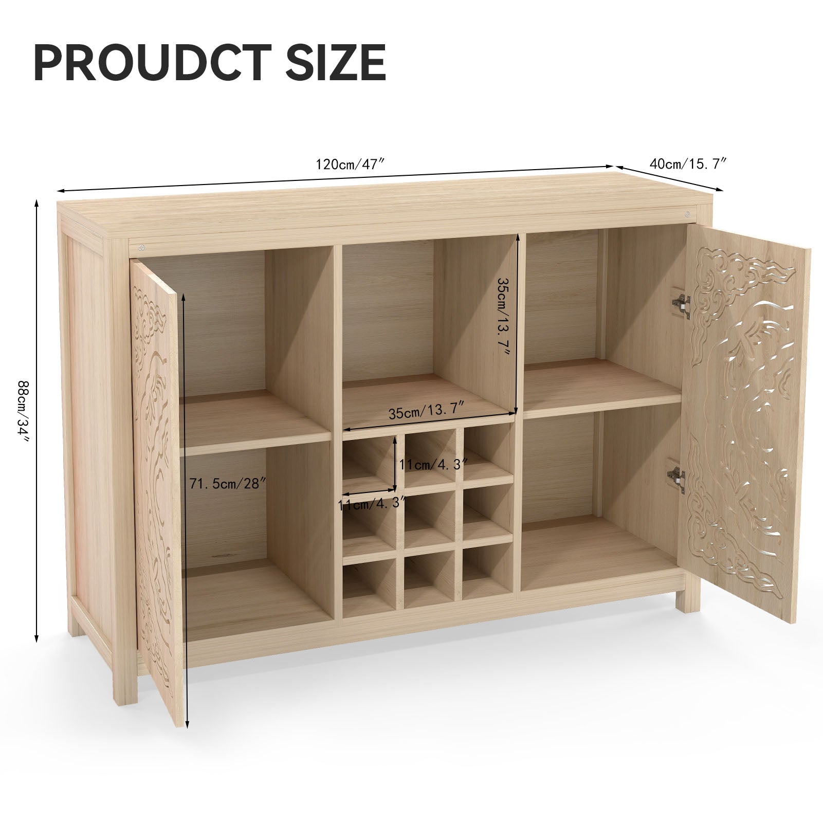 Wine Bar Cabinet with 2 Doors MDF Buffet Storage Liquor Cabinet with Wine Rack and Glass Holder for Living Dining Room Kitchen Wood Color