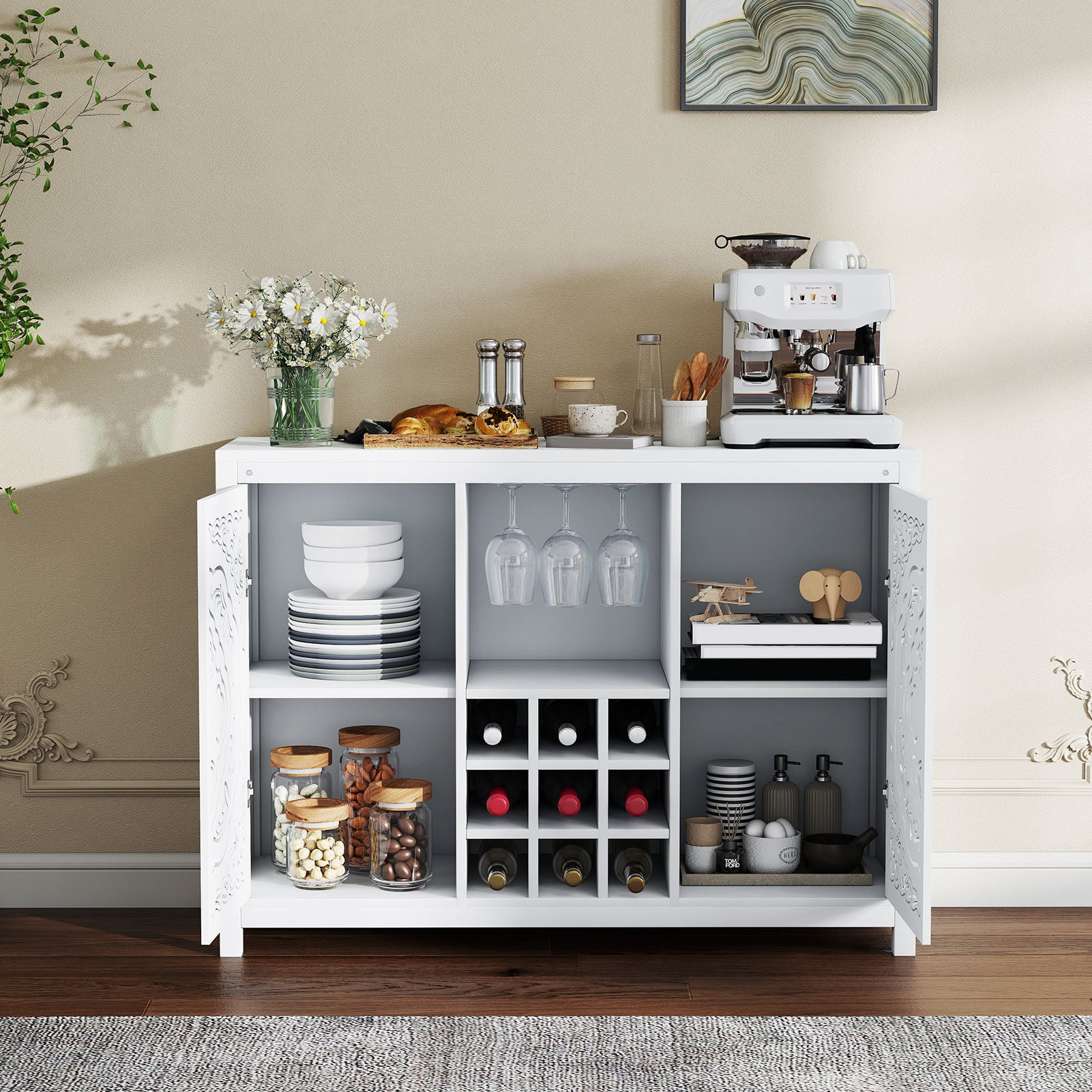 Wine Bar Cabinet with 2 Doors MDF Buffet Storage Liquor Cabinet with Wine Rack and Glass Holder for Living Dining Room Kitchen White