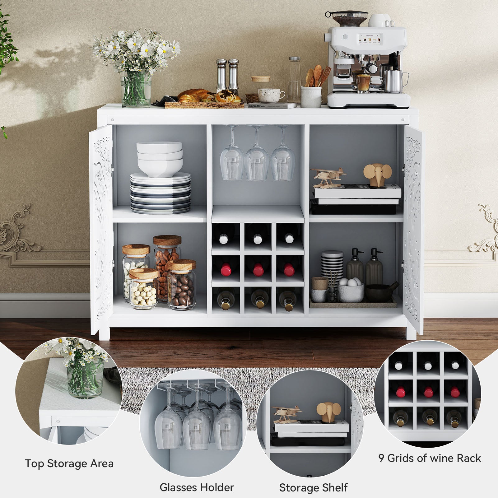 Wine Bar Cabinet with 2 Doors MDF Buffet Storage Liquor Cabinet with Wine Rack and Glass Holder for Living Dining Room Kitchen White