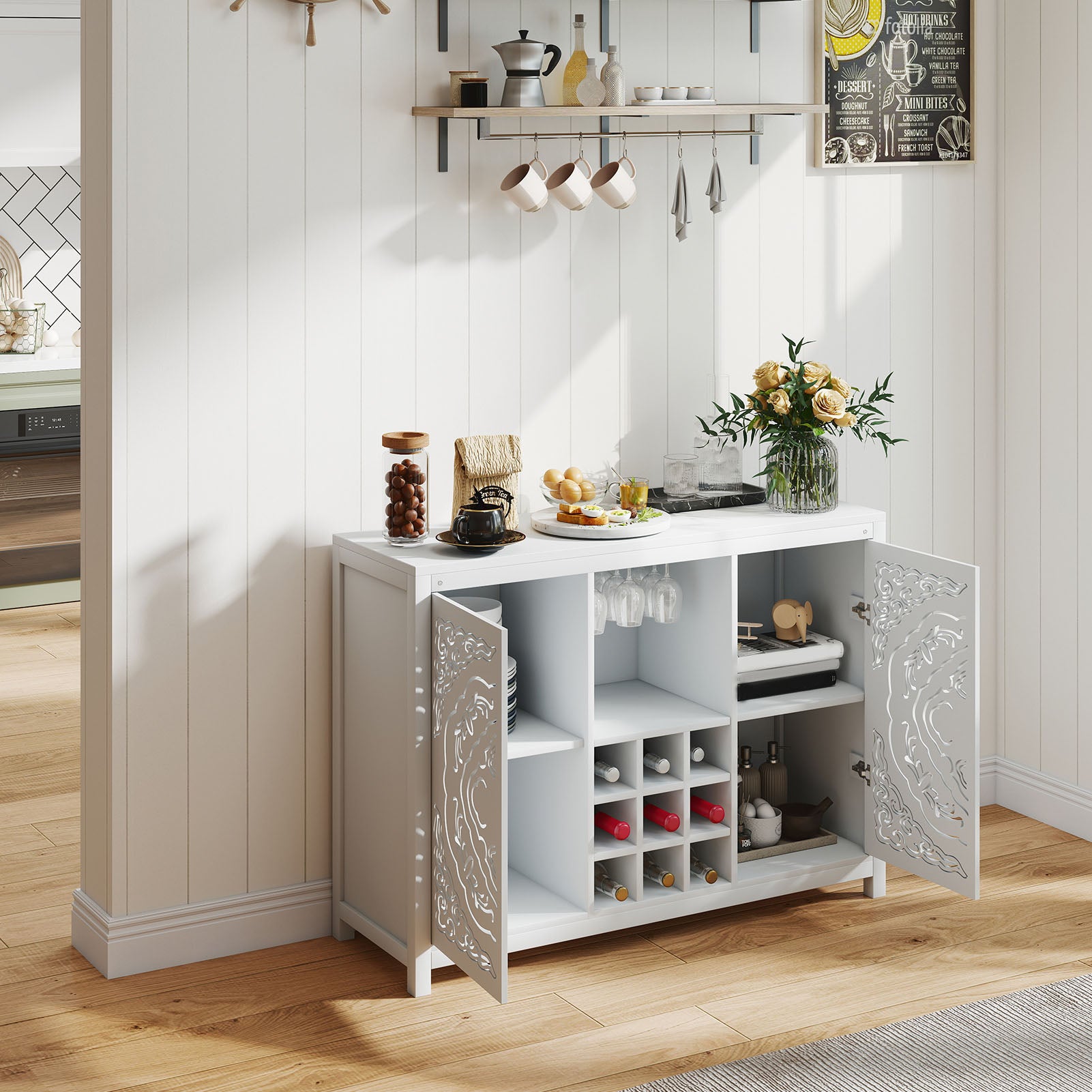 Wine Bar Cabinet with 2 Doors MDF Buffet Storage Liquor Cabinet with Wine Rack and Glass Holder for Living Dining Room Kitchen White