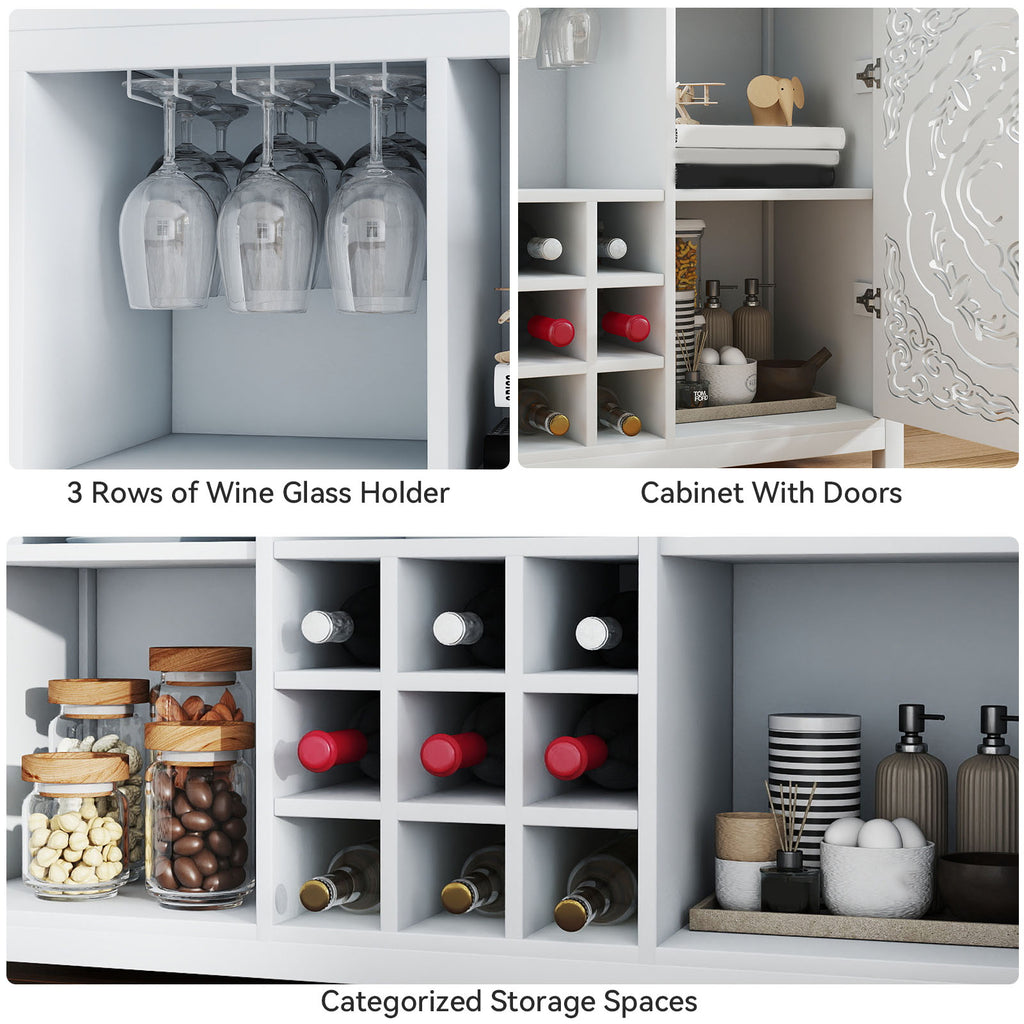 Wine Bar Cabinet with 2 Doors MDF Buffet Storage Liquor Cabinet with Wine Rack and Glass Holder for Living Dining Room Kitchen White