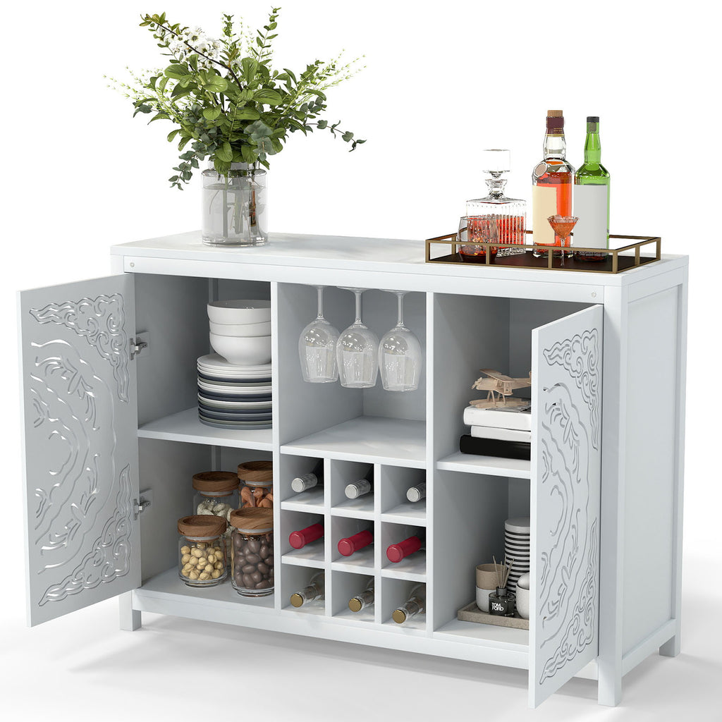 Wine Bar Cabinet with 2 Doors MDF Buffet Storage Liquor Cabinet with Wine Rack and Glass Holder for Living Dining Room Kitchen White