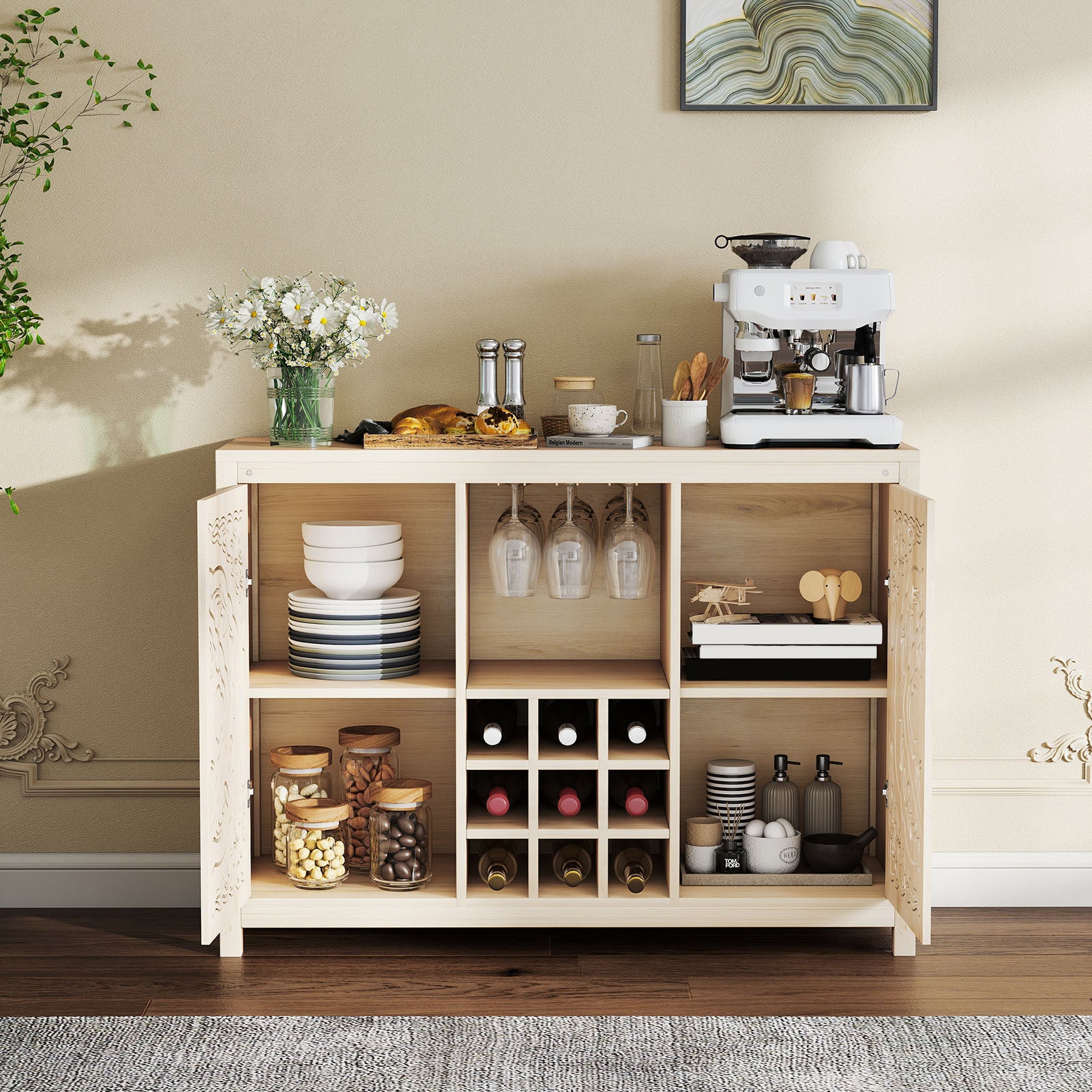 Wine Bar Cabinet with 2 Doors MDF Buffet Storage Liquor Cabinet with Wine Rack and Glass Holder for Living Dining Room Kitchen Wood Color