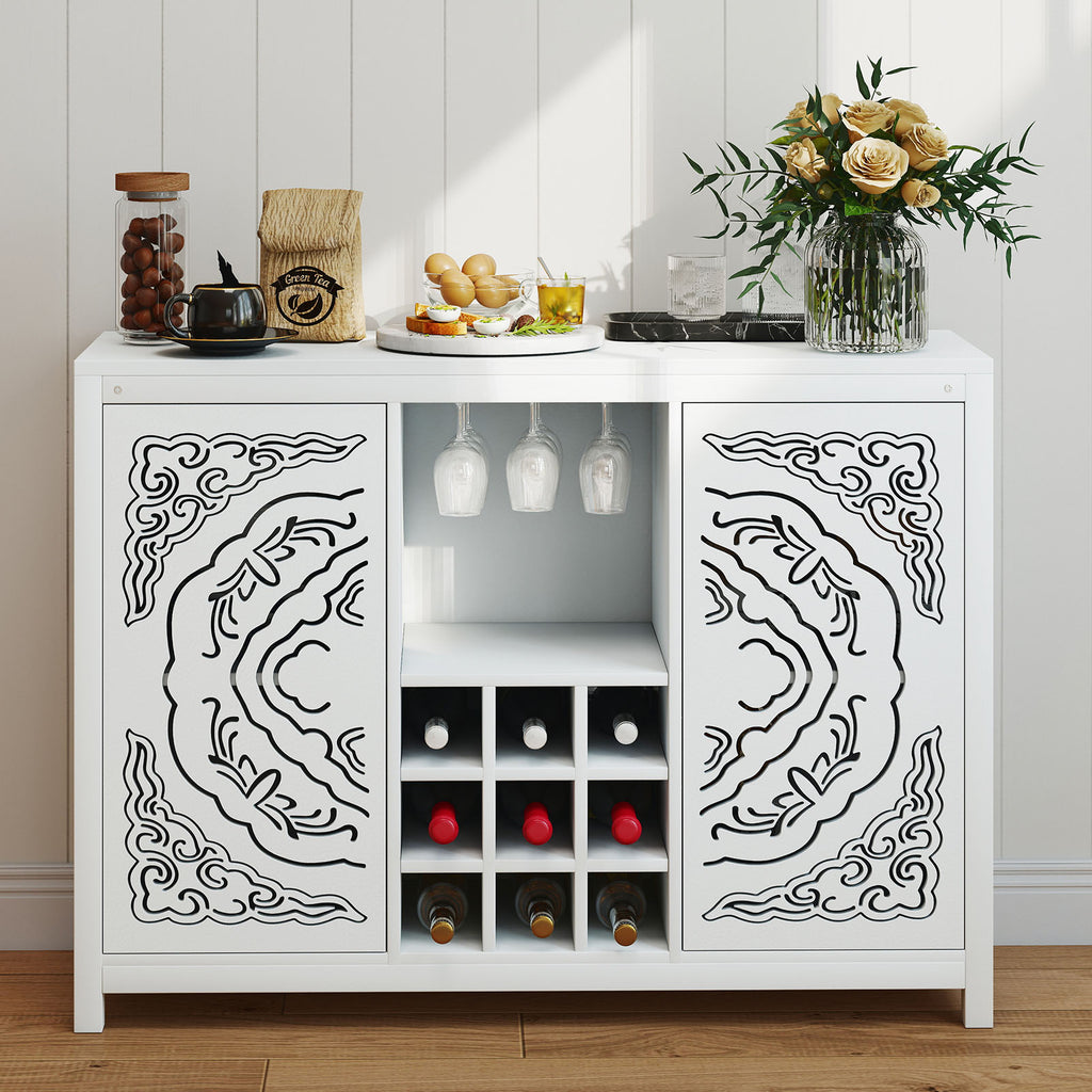 Wine Bar Cabinet with 2 Doors MDF Buffet Storage Liquor Cabinet with Wine Rack and Glass Holder for Living Dining Room Kitchen White