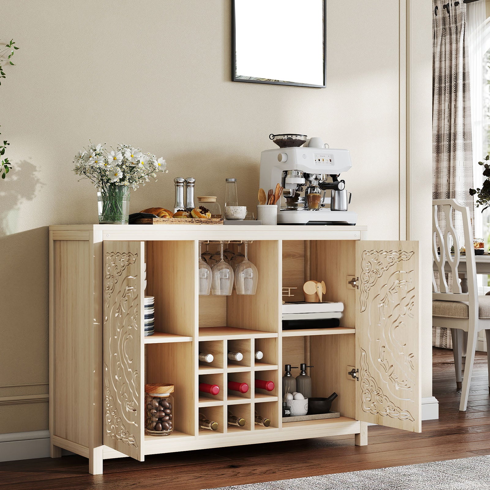 Wine Bar Cabinet with 2 Doors MDF Buffet Storage Liquor Cabinet with Wine Rack and Glass Holder for Living Dining Room Kitchen Wood Color
