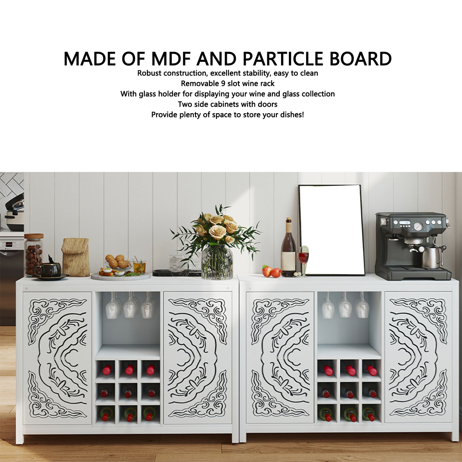 Wine Bar Cabinet with 2 Doors MDF Buffet Storage Liquor Cabinet with Wine Rack and Glass Holder for Living Dining Room Kitchen White